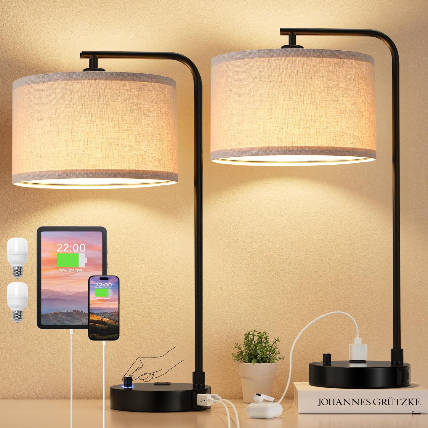 Innqoo Bedside Table Lamps for Bedroom Set of 2-Dimmable Nightstand Lamps with USB Port and Outlet,Modern Black Lamps with Linen Shade,Tall Desk Lamps for Home Office Bedroom Living Room End Table