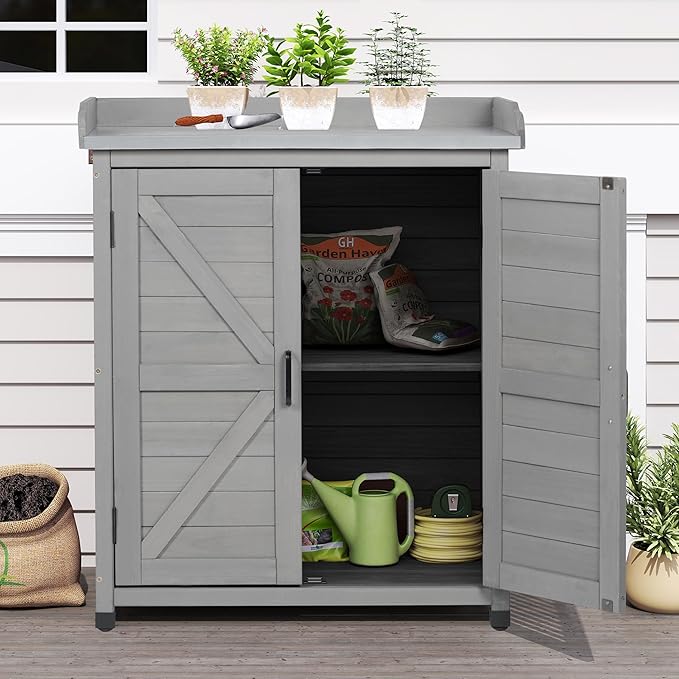 Outdoor Storage Cabinet & Potting Bench Table with Metal Top, Wooden Patio Furniture, Garden Workstation (Classic Grey, 39x31.5x17in)