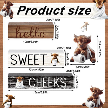 Cinnvoice 4 Pcs Highland Cow Bathroom Decor Farmhouse Bathroom Decoration Western Hello Sweet Cheeks Table Centerpiece Gift for Christmas Valentines Back to School