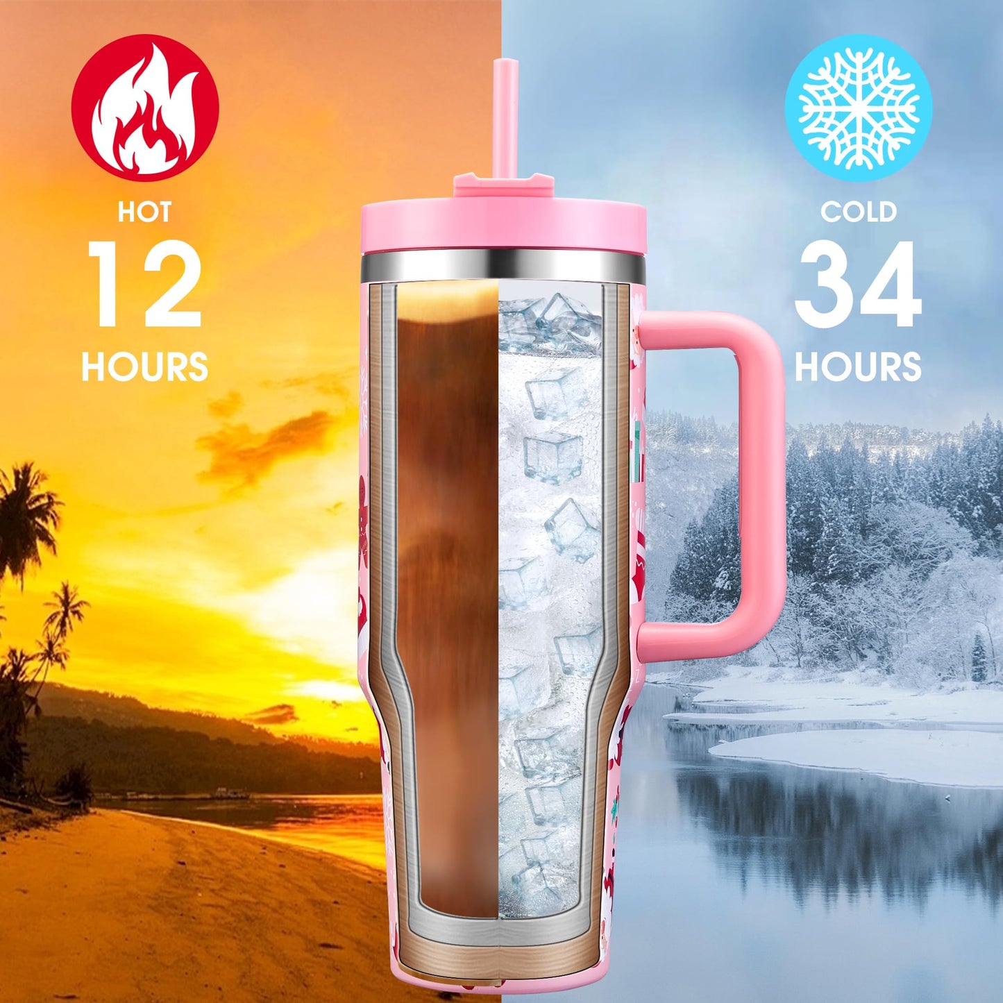 TaroKitc Christmas Gifts for Women Men, 40 oz Christmas Tumbler with Handle and Straw Lid, Xmas Insulated Stainless Steel Travel Coffee Mug, Cup Holder Friendly, Pink Santa and Gingerbread Man