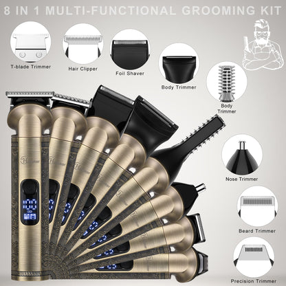 Hatteker Beard Trimmer Kit Professional Hair Clipper Zero Gapped T-Blade Electric Razor Shaver for Nose Ear Body Face Mustache Trimmer for Men Cordless Grooming Kit Waterproof 8 in 1