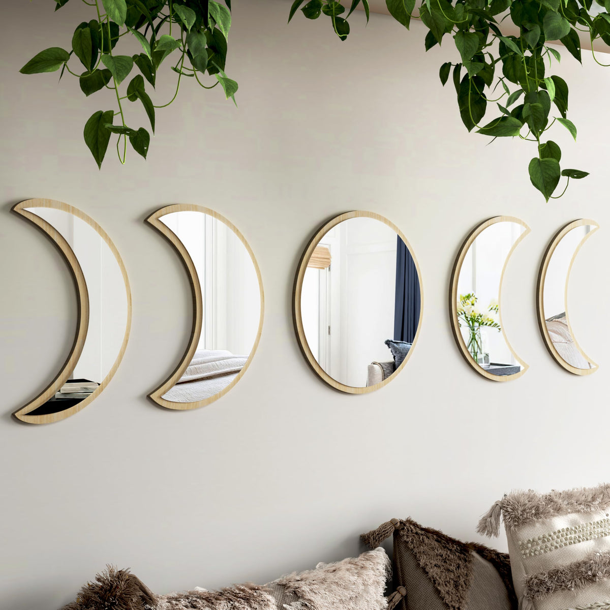 HMANGE 10.4" Raw Acrylic Moon Phase Wall Mirror Set - 5-Piece Boho Celestial Decor for Living Room Bedroom Entryway, Easy Stick-On Installation, Shatterproof Safety Design