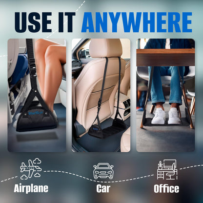 Flat Travel Foot Rest Portable Adjustable Folding Hanging Foot Hammock - for Airplane, Office, Under Desk, Car, Home Relaxing Soft Padded in Flight Anti Swelling - by BlueSkye