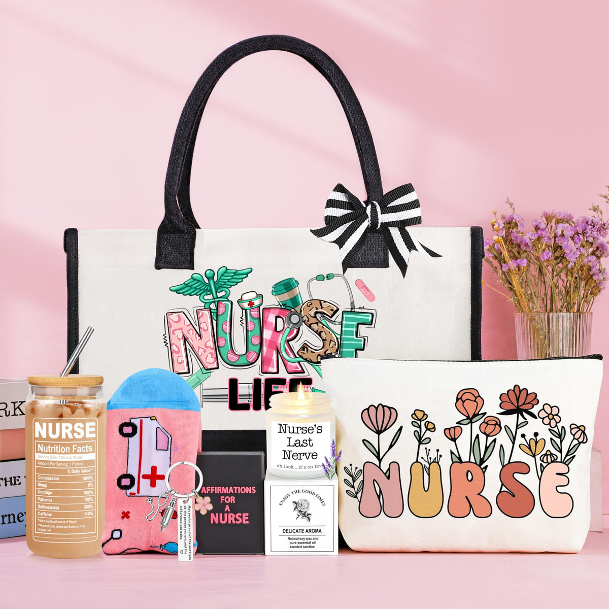 DOGMEM Nurse Gifts Nurse Appreciation Gift Set for Women Birthday Gift for Nurses Week Nurses Graduation Gifts for Her, Nursing Student with Canvas Bag Socks Affirmations Cards 16 Oz Can Glass