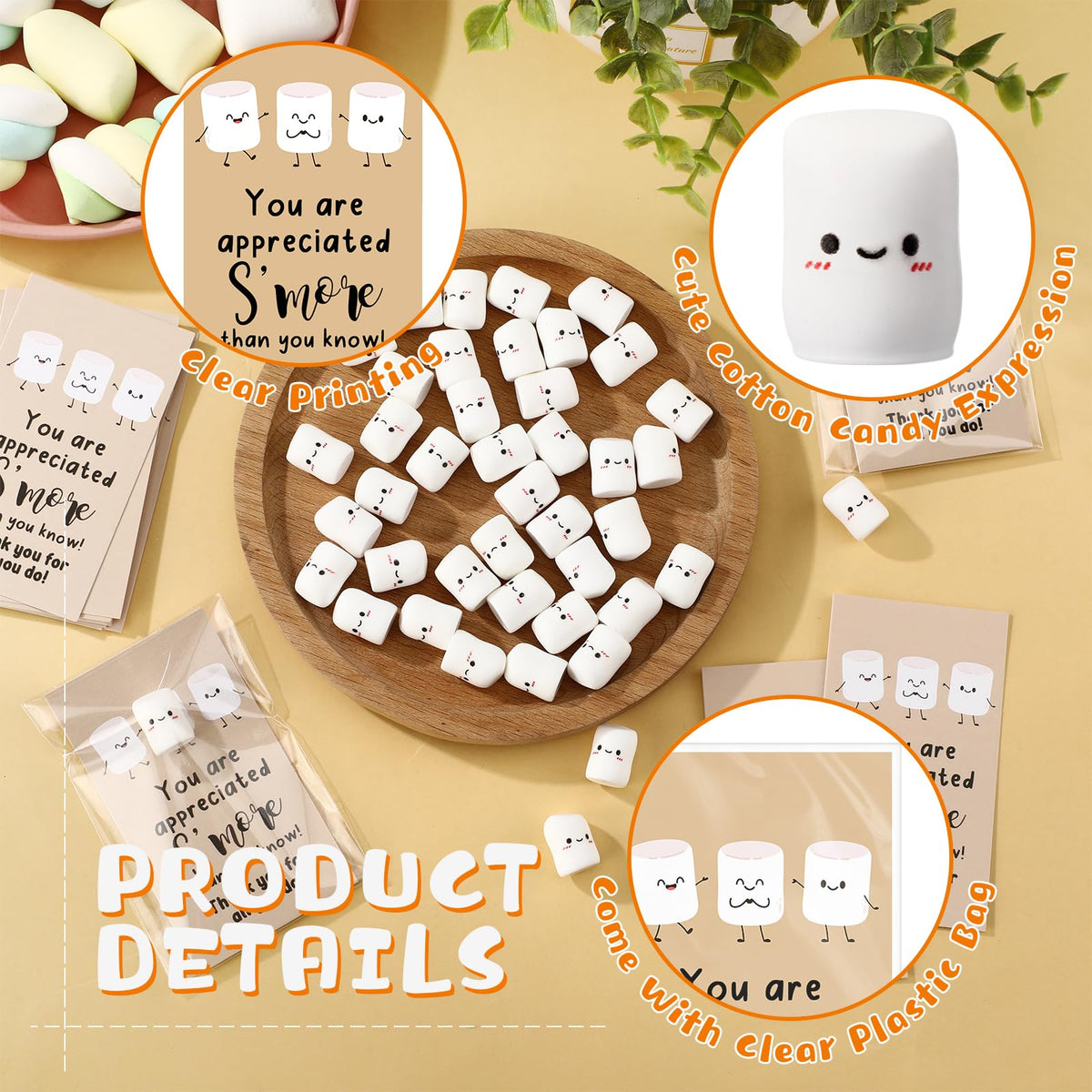 CroBlissful 100 Sets Inspirational Small Gifts Bulk Funny Cute Small Resin Marshmallow Smores with Thank You Card Appreciation Gifts for Office Teacher Coworker Staff Nurse Stress Fidget Toy