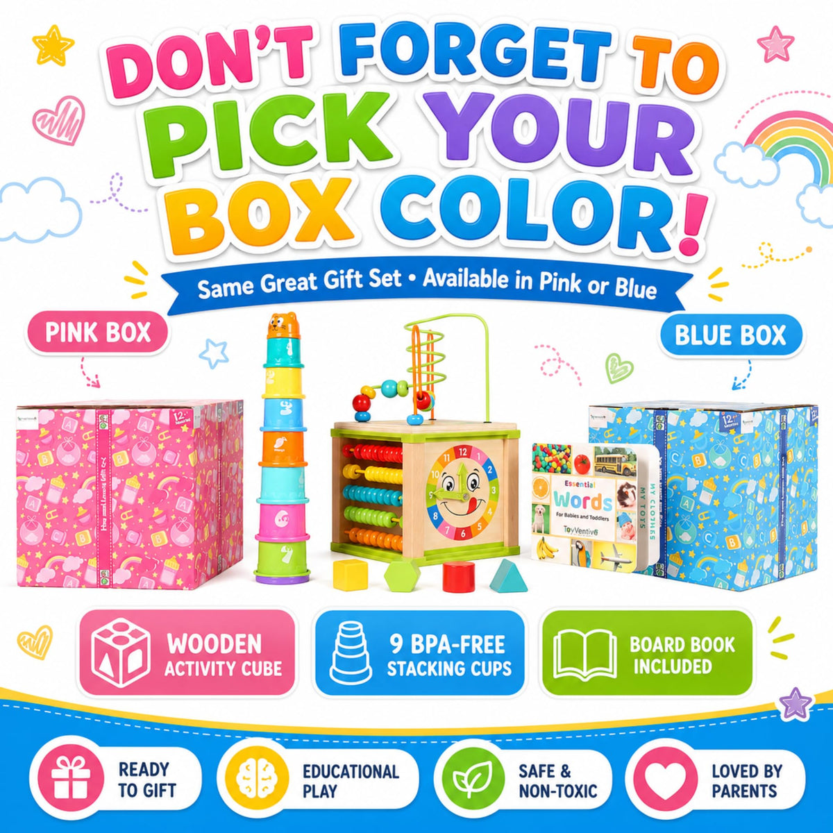 Wooden Activity Cube for Baby, Montessori Toys for 1 Year Old, Baby Toys 1 Year Old, Toys for 1+ Year Old Girl - Wooden Activity Center with Bead Maze Toy, Baby Stacking Cups, Book, in Pink Gift Box