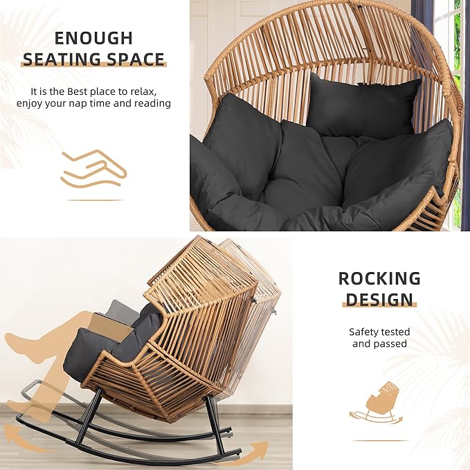Vongrasig Wicker Rocking Egg Chair PE Rattan with Cushion, Oversized Patio Lounge Rocker Chair for Outdoor, Indoor, Balcony, Backyard, Garden, Black