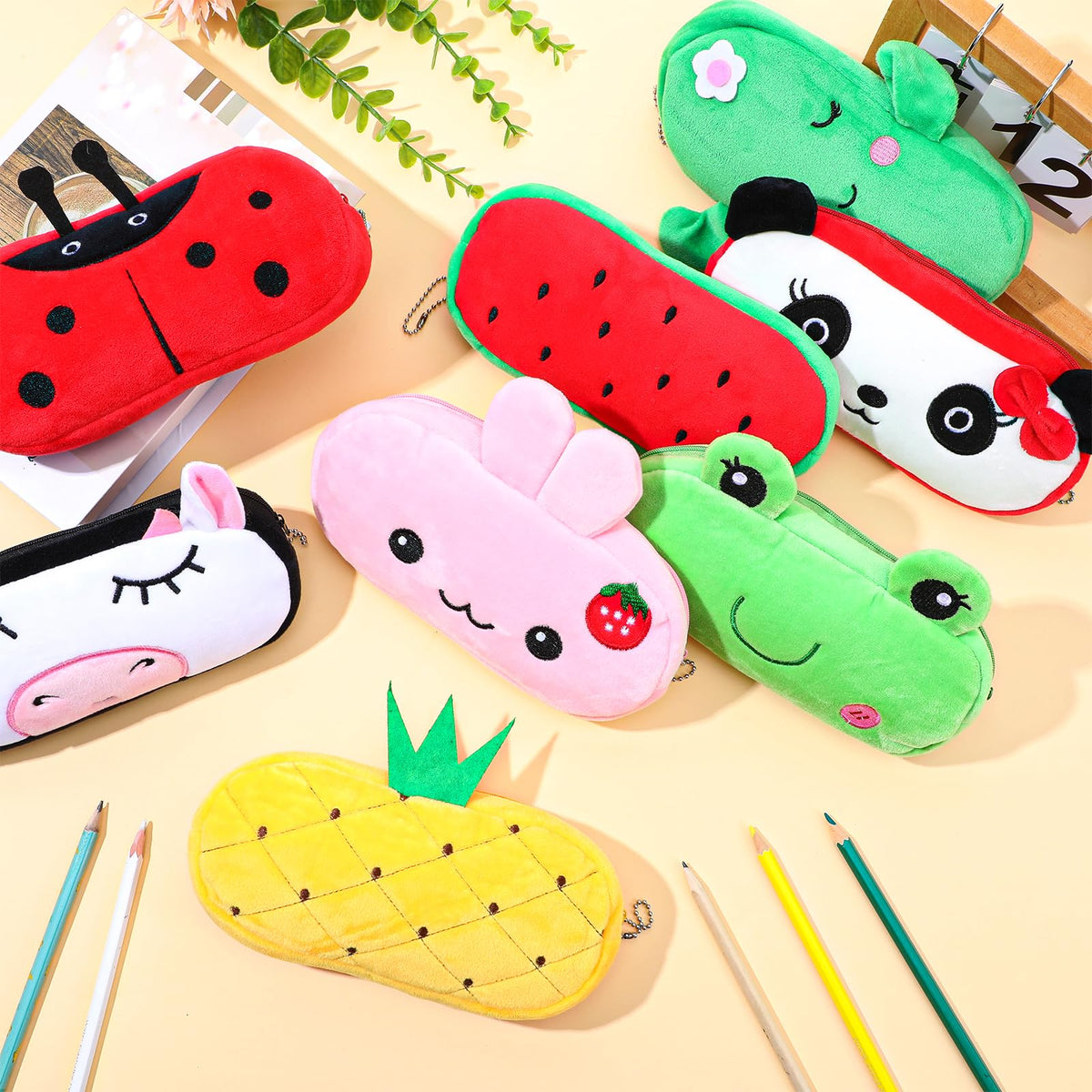 JOUTYFOR 8 Pcs Cartoon Pencil Pouch Bulk Cute Zipper Pencil Cases Animal and Fruit Pencil Boxes Plush Pencil Bag Japanses Kawaii Stationery Bag for Kids Boys Girls Students Classroom