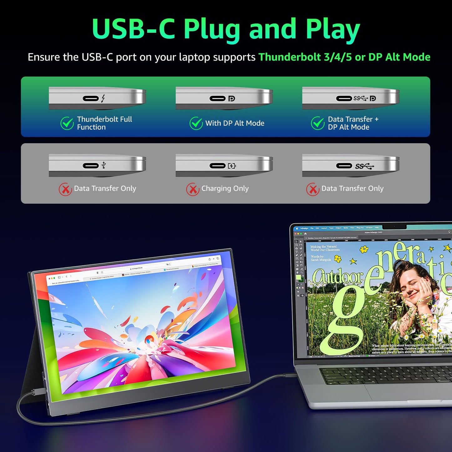 Portable Monitor 18.5 inch 1080P FHD 128% sRGB 100Hz, Travel Monitor for Laptop MacBook Surface PC Xbox PS5, HDMI Dual USB-C VESA Compatible Built-in Speaker, with Kickstand
