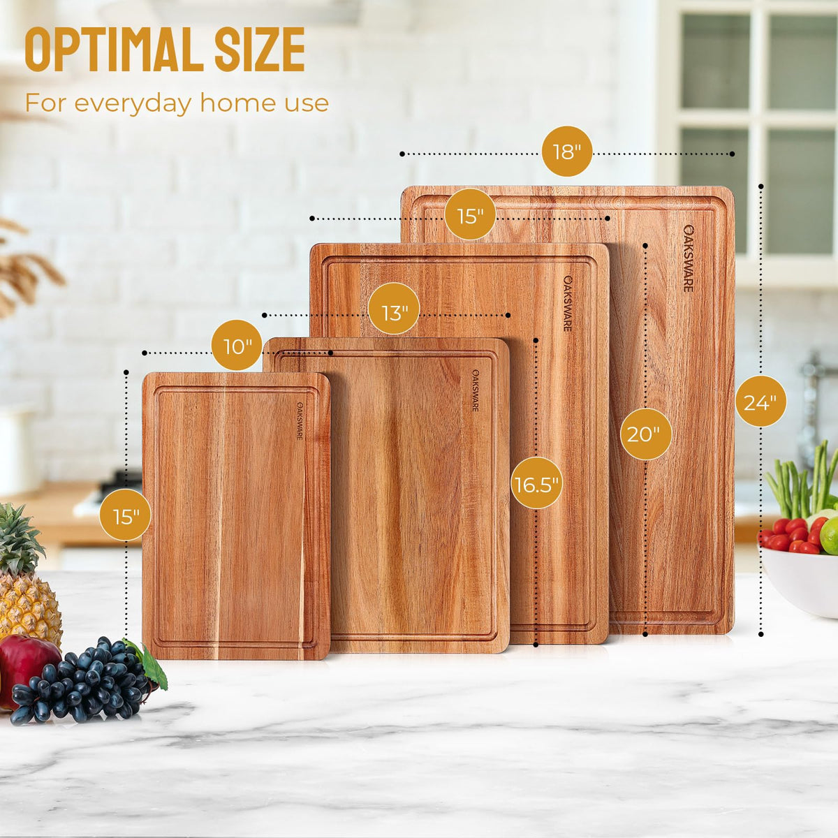 Cutting Boards, 16.5x13 Large Acacia Wooden Cutting Boards for Kitchen, Edge Grain Reversible Wood Chopping Board with Juice Groove and Handles, Pre-Oiled Carving Tray for Meat & Cheese