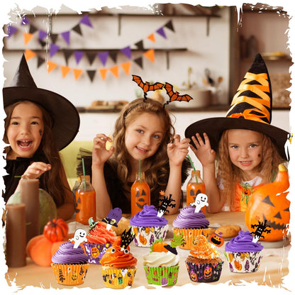 Homyplaza Halloween Cupcake Liners with Toppers Picks, Standard Wrappers Cupcake Disposable Baking Cups Muffin Liners for Halloween Party Decorations Supplies (150 Liners & 150 Toppers)