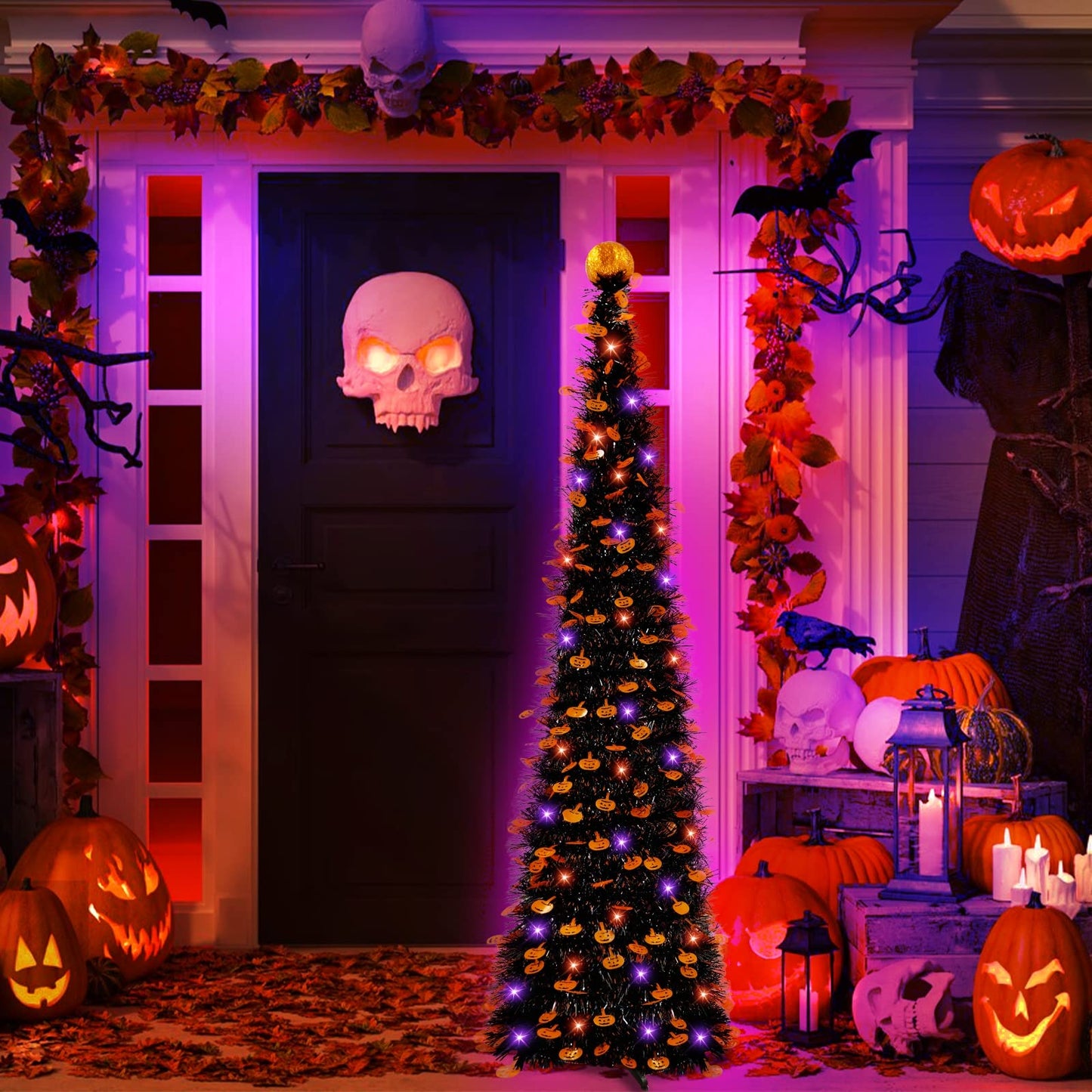 TURNMEON 5Ft Black Tinsel Halloween Tree with 50LED Orange Purple Lights Timer 8 Modes Pumpkin Ornament Pop Up Artificial Pencil Tree Halloween Decorations Home Party Indoor Outdoor