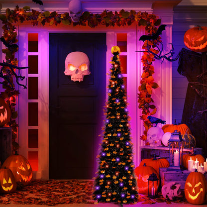 TURNMEON 5Ft Black Tinsel Halloween Tree with 50LED Orange Purple Lights Timer 8 Modes Pumpkin Ornament Pop Up Artificial Pencil Tree Halloween Decorations Home Party Indoor Outdoor