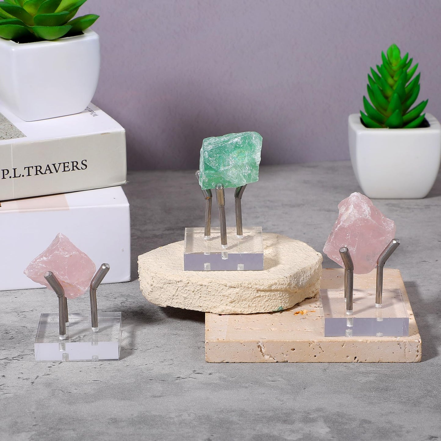 XLIUAX 12 Pcs Rock Display Stands, Stainless Steel 3 Pegs Clear Acrylic Base Display Mini Easel Stand for Fossil Coral Crystal Geodes Mineral Agate Small Collectibles