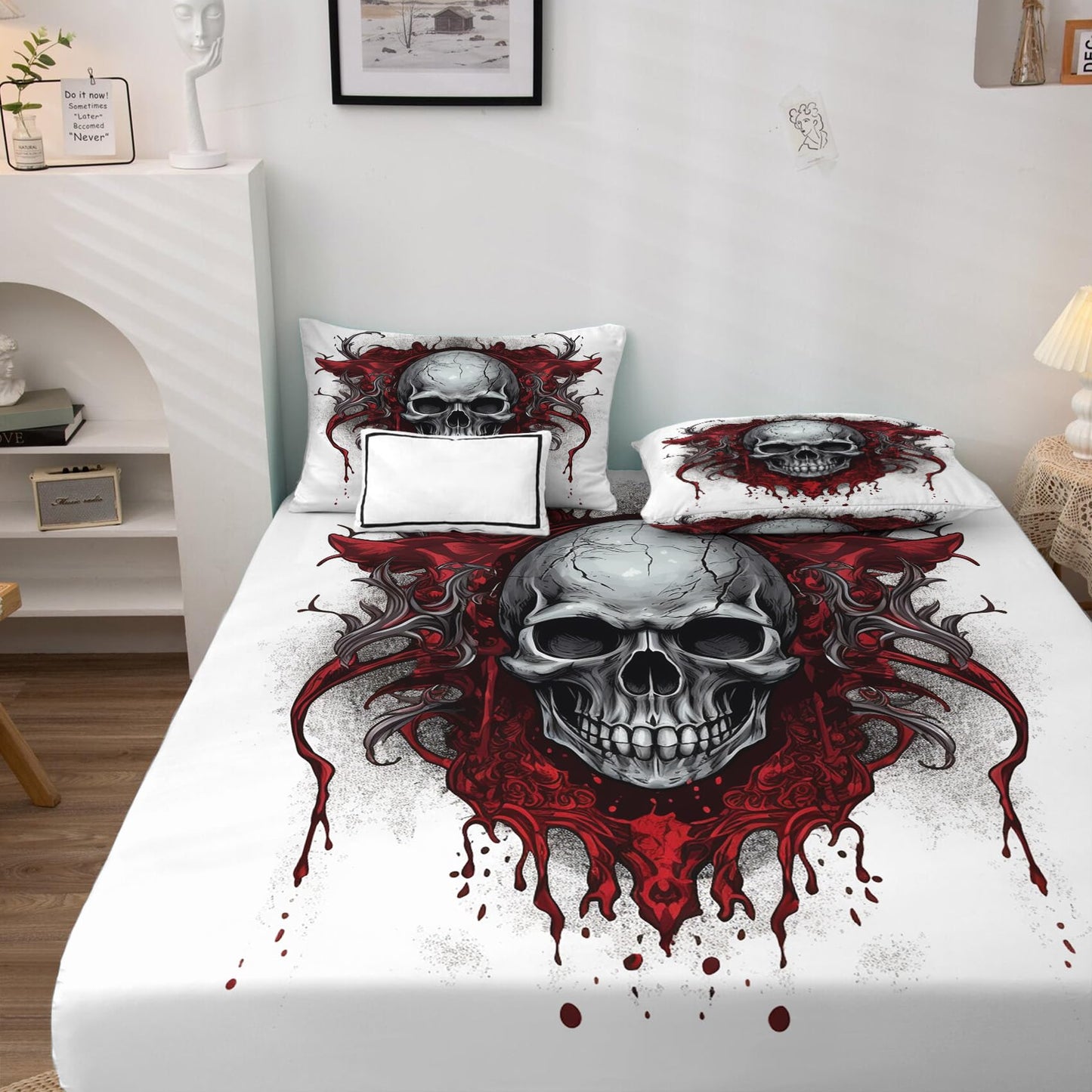 zcsm Skull Sheets King Size - Gothic Bed Sheets, Soft Microfiber & Deep Pocket & Wrinkle Free Patterned Bedding Sheets & Pillowcases, 4 Piece (1 Fitted Sheet, 1 Flat Sheet, 2 Pillow Cases)