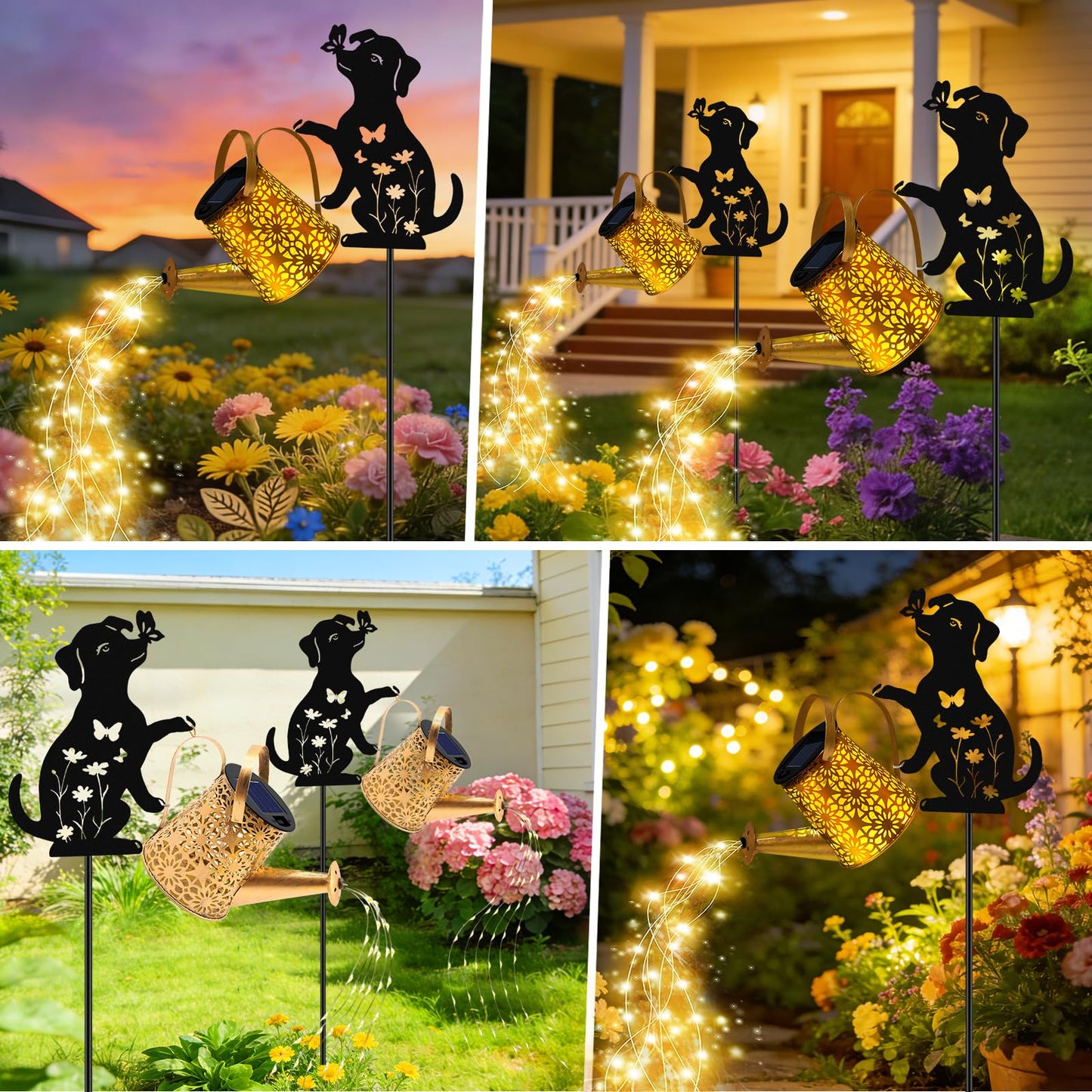 VOOKRY Solar Watering Can Lights Outdoor with Dog Silhouette Stake, Garden Gifts for Mom, Women & Garden Lovers Waterproof Metal Garden Lantern, Decorative Yard Patio Lawn Pathway Decor(1 Pack)