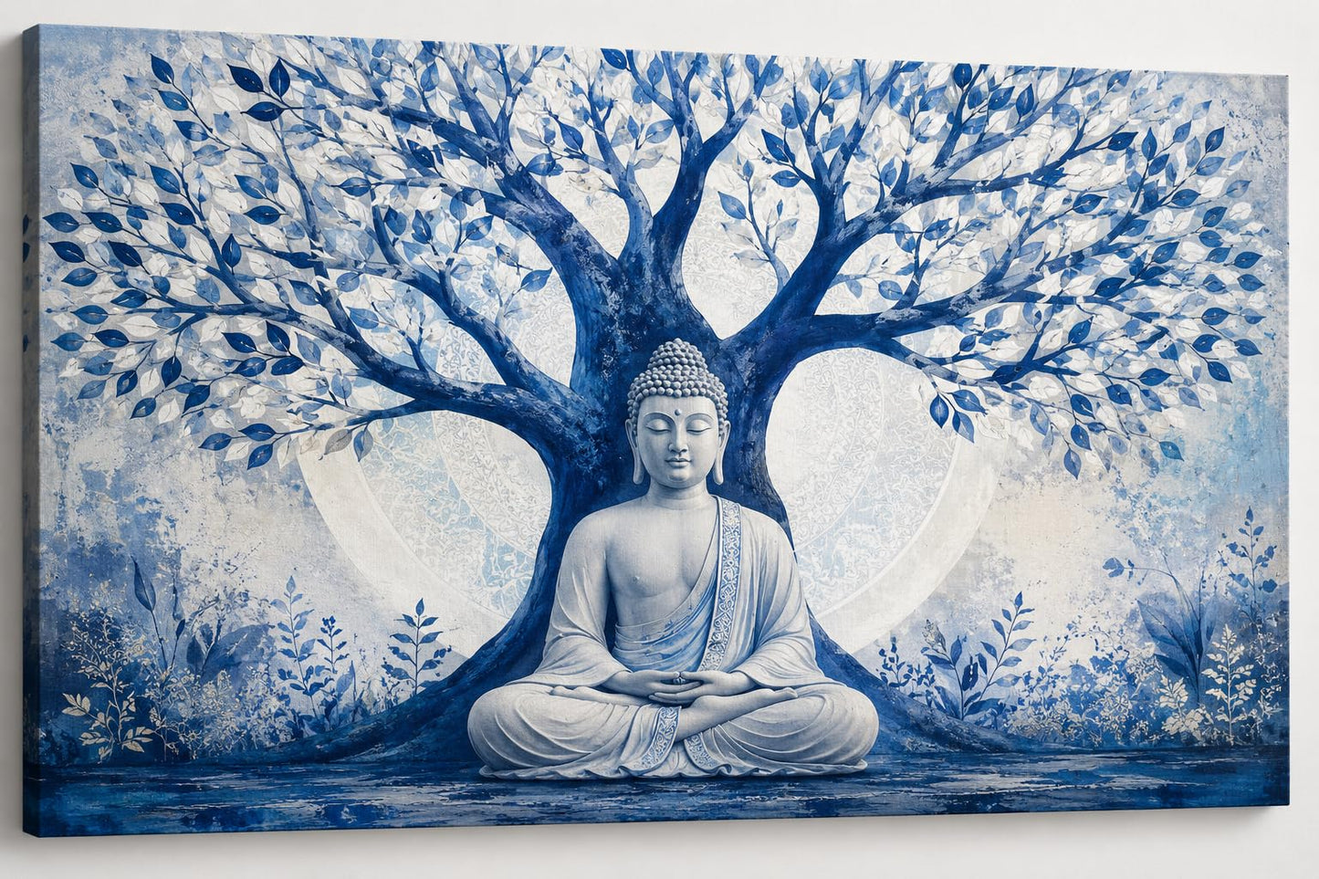 ICE ARMOR Blue and White Buddha Tree of Life Canvas Wall Art 24x36 Inch Frameless – Zen Meditation Spiritual Artwork, Asian Inspired Serenity Decor for Living Room Bedroom Office – Ready to Hang