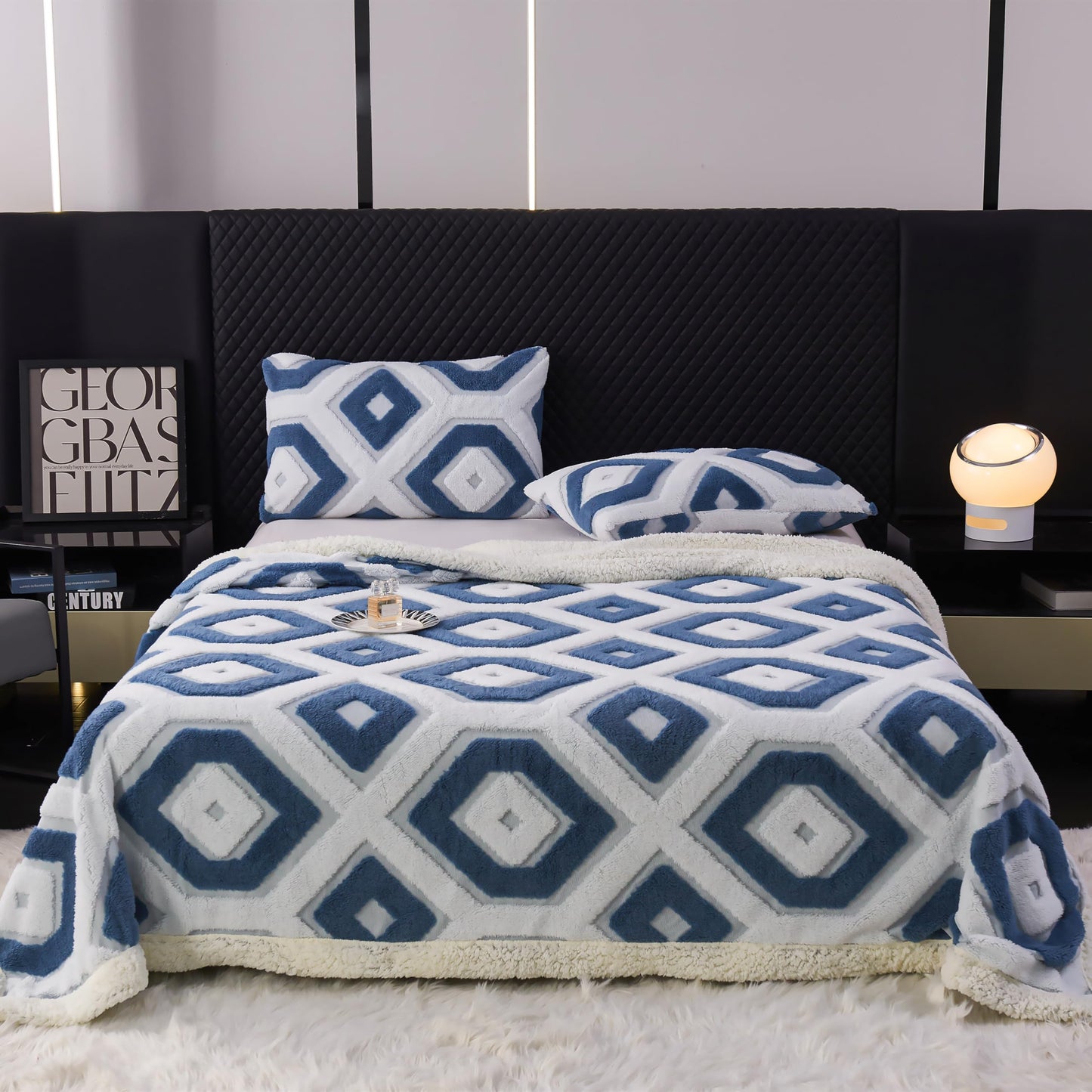 LEVINIS Boho Sherpa Fleece Blanket 80'' × 90'', Ultra Soft Aztec Queen Blanket for All Season, Cozy, Plush, Bohemian Throw Blankets for Bed/Couch/Sofa/Office/Camping, Blue