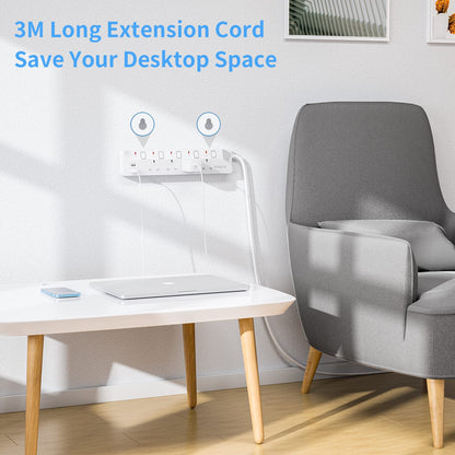 3M Extension Lead with USB Slots, 4 Way 2 USB Extension Socket with Individual Switches Mountable Power Strips with 3M Extension cable 3250W