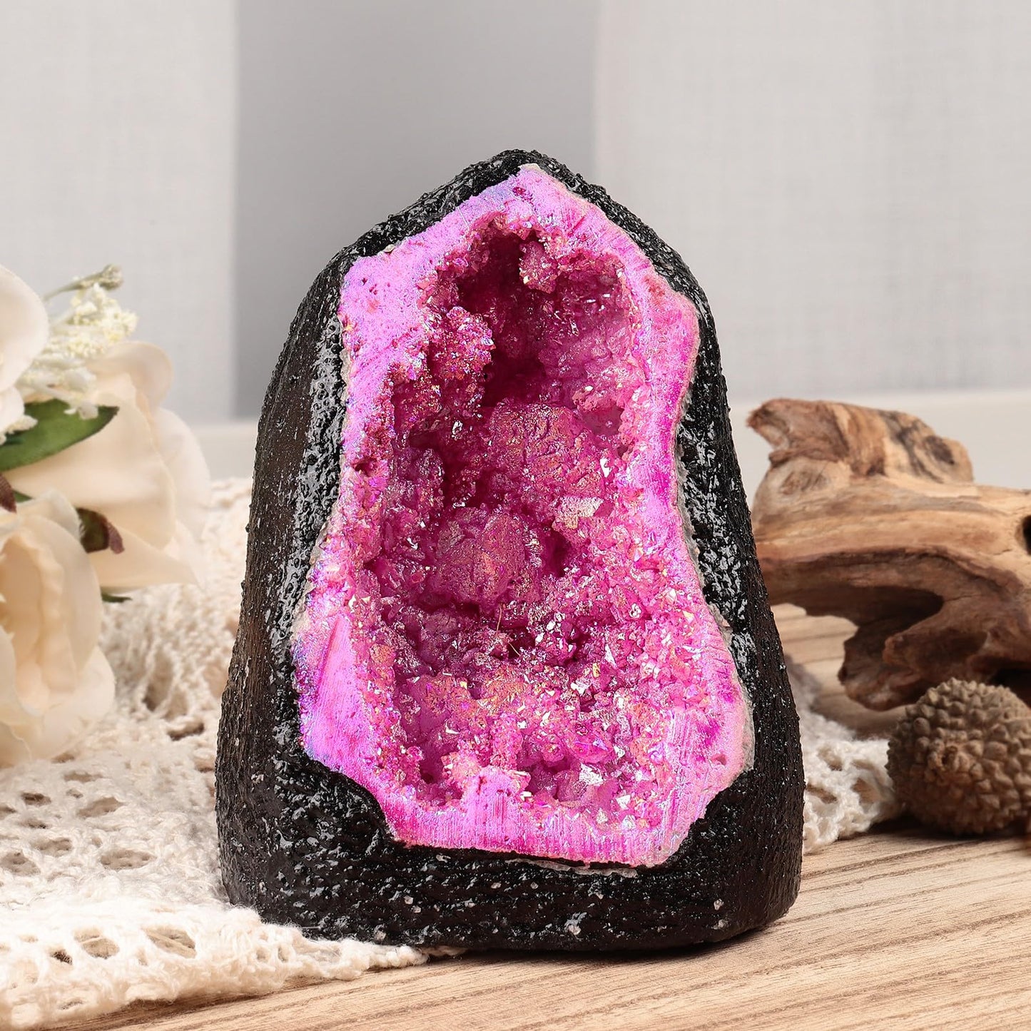 TUMBEELLUWA Irregular Titanium Coated Crystal Geode Stone Decor Natural Rainbow Rock Crystal Cluster Specimen for Home & Office, Fuchsia, Large