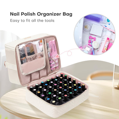 Leudes Nail Polish Organizer and Storage Holder 42 Bottles&Manicure Kit &Nail Lamp,Nail Stuff Bag Organizer Travel Case for Nail Tech Supplies Accessories Manicure Tools (Beige)