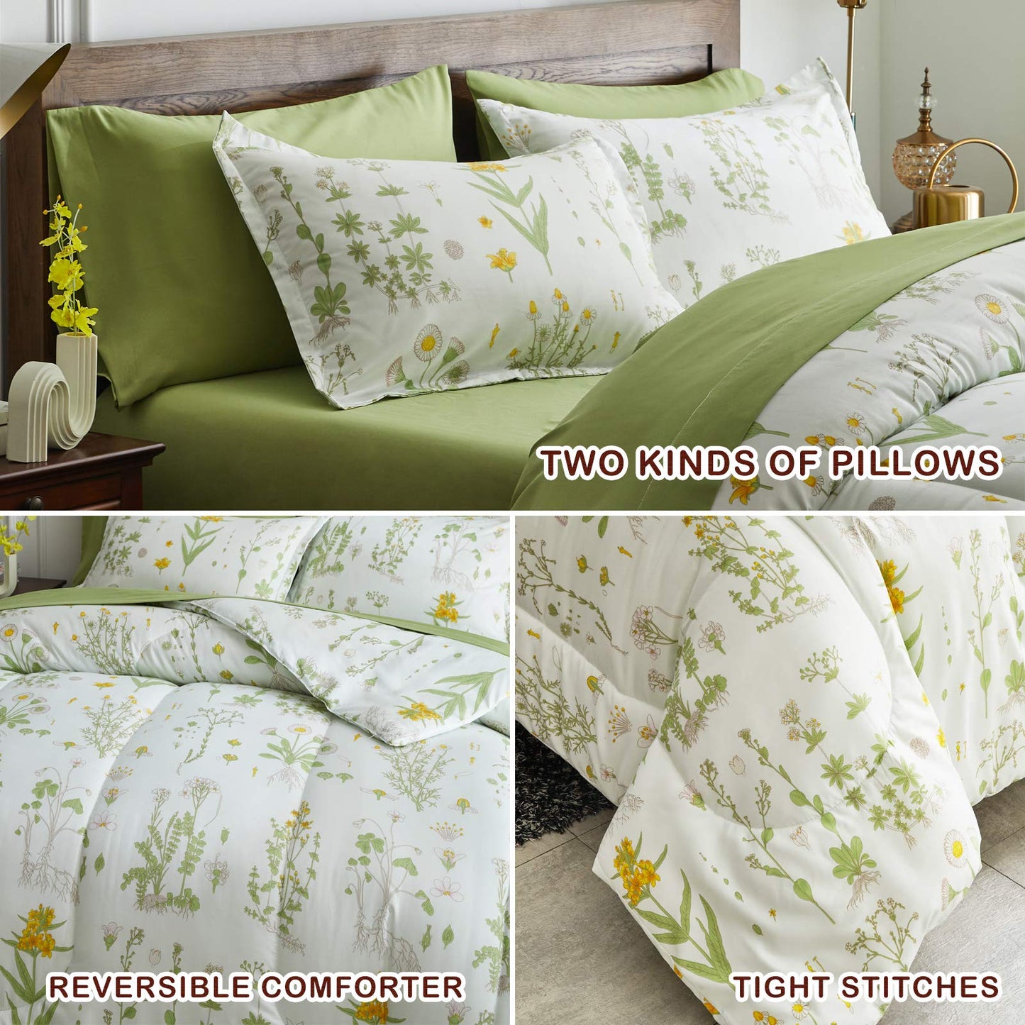 Joyreap 7 Piece Botanical Bed in a Bag Queen, Green Leaves Yellow Flower on Green Tint, Smooth Soft Microfiber Comforter Sheet Set for All Season
