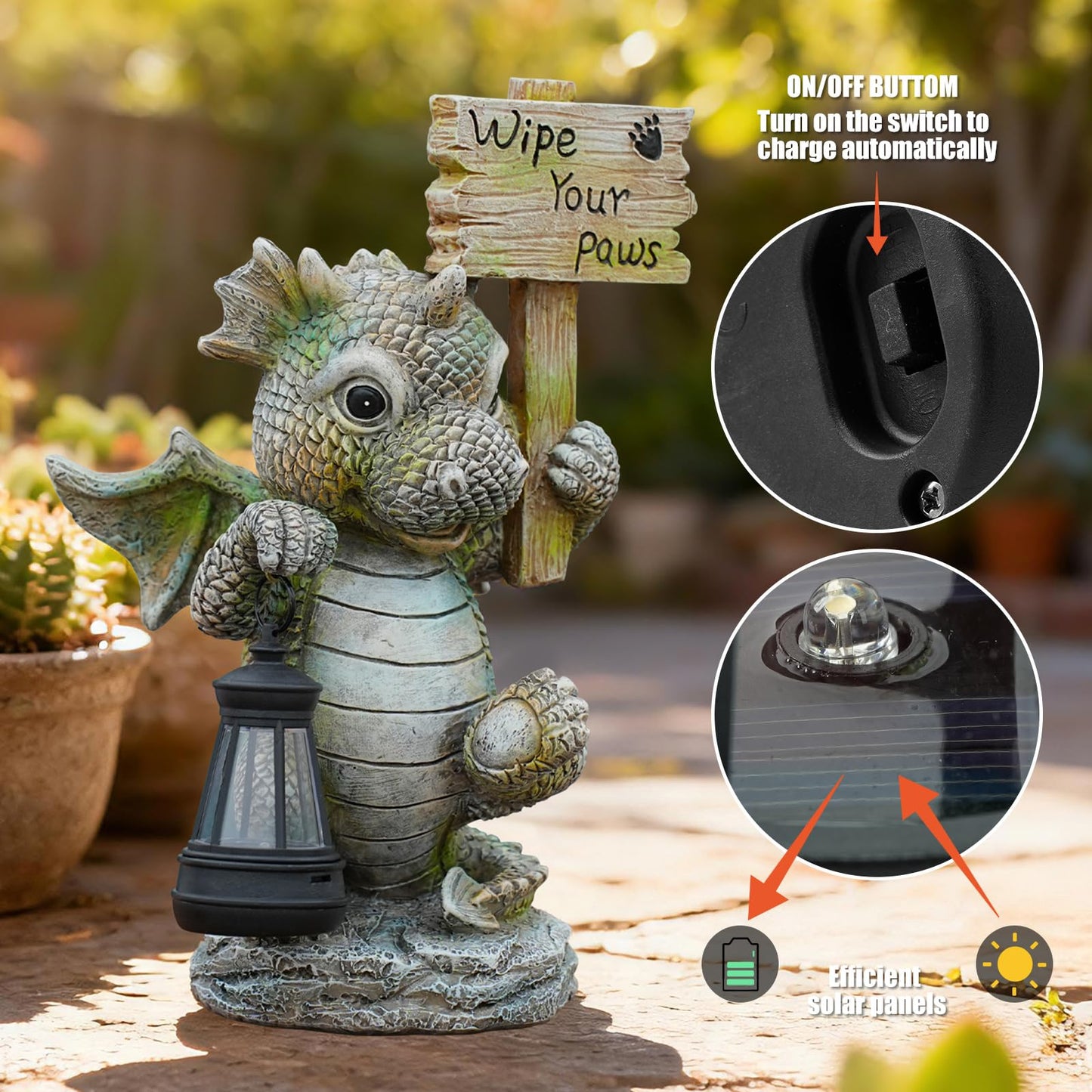 Joint Honglin Solar Dragon Garden Statue with Hanging Lantern - Cute Welcome Sign, Waterproof Resin Dinosaur Figurine, Outdoor Yard Decor for Front Door, Porch, Patio, Dog Pet Lover Gift