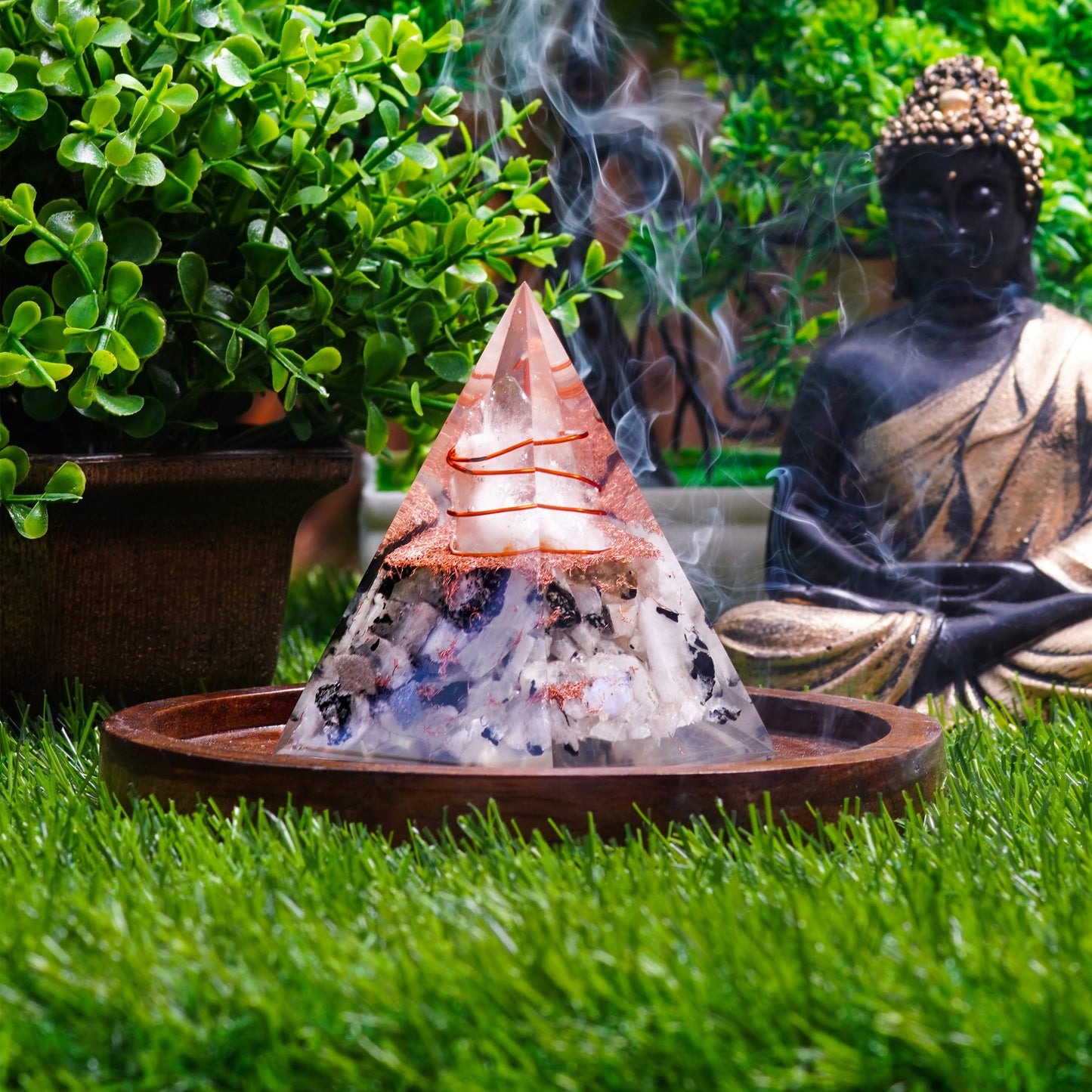 Ever Vibes Rainbow Moonstone Orgone Pyramid - Handmade Healing Crystal Gemstone for Positivity, Strength, Meditation, Reiki, Yoga, Spiritual Gift, Home & Office Decor