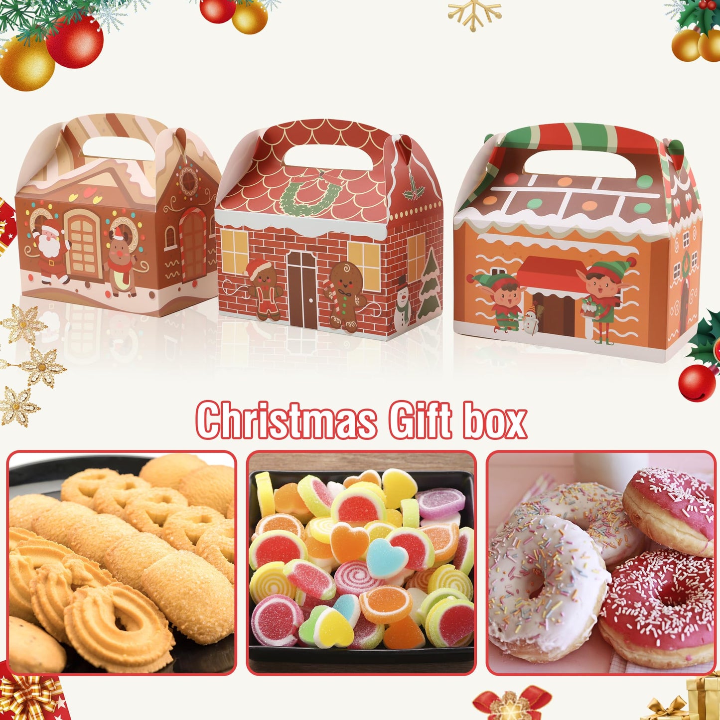SAITI 24 Pieces Christmas Cookie Boxes for Gift Giving, 3D Christmas Treat Boxes 3 Designs Gift Boxes for Holiday Xmas Goody Party Favors