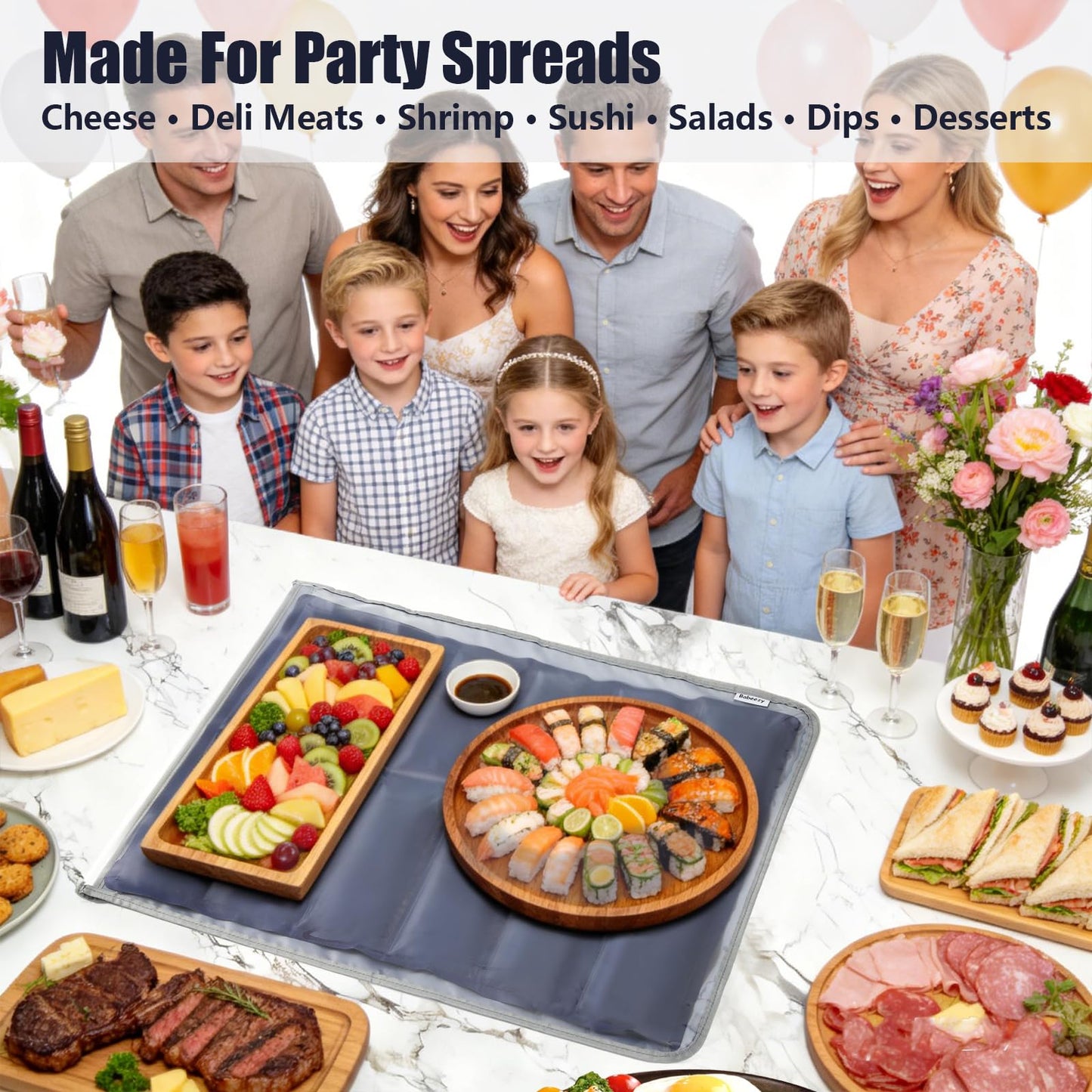 Babeezy Party Mat Chiller,Foldable Reusable Ice Pack Mat with Sleeve Bag 12 Large Cells (2×6) Tray Chiller for Charcuterie, Cheese, Deli Meats, Veggie & Fruit Trays, Sushi, Salads & Dips