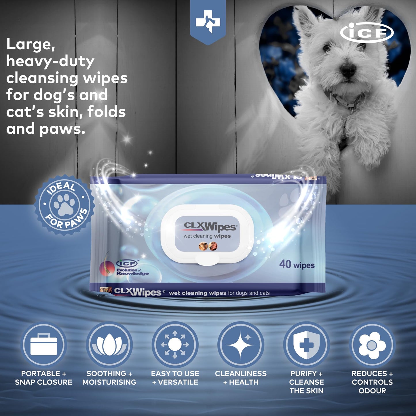 ICF | CLX Cat & Dog Wipes | Antibacterial & Antifungal Cleansing Wipes for Paws, Skin Folds & Ears | Supports Healthy Skin & Odor Control | 40 Count