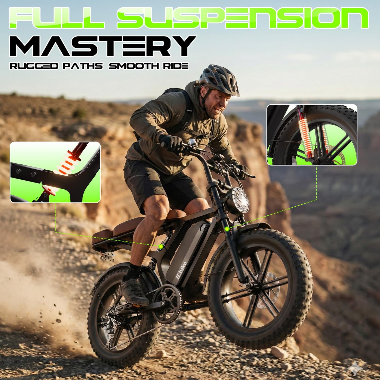 TS TST GRP LLC Electric Bike for Adults, Peak 1500W Motor Retro Ebike, Range 65Miles, 48V 15Ah Removable Battery, 20"x4" Fat Tires, Full Suspension, Off-Road E Bike for City Commuting, Midnight Black