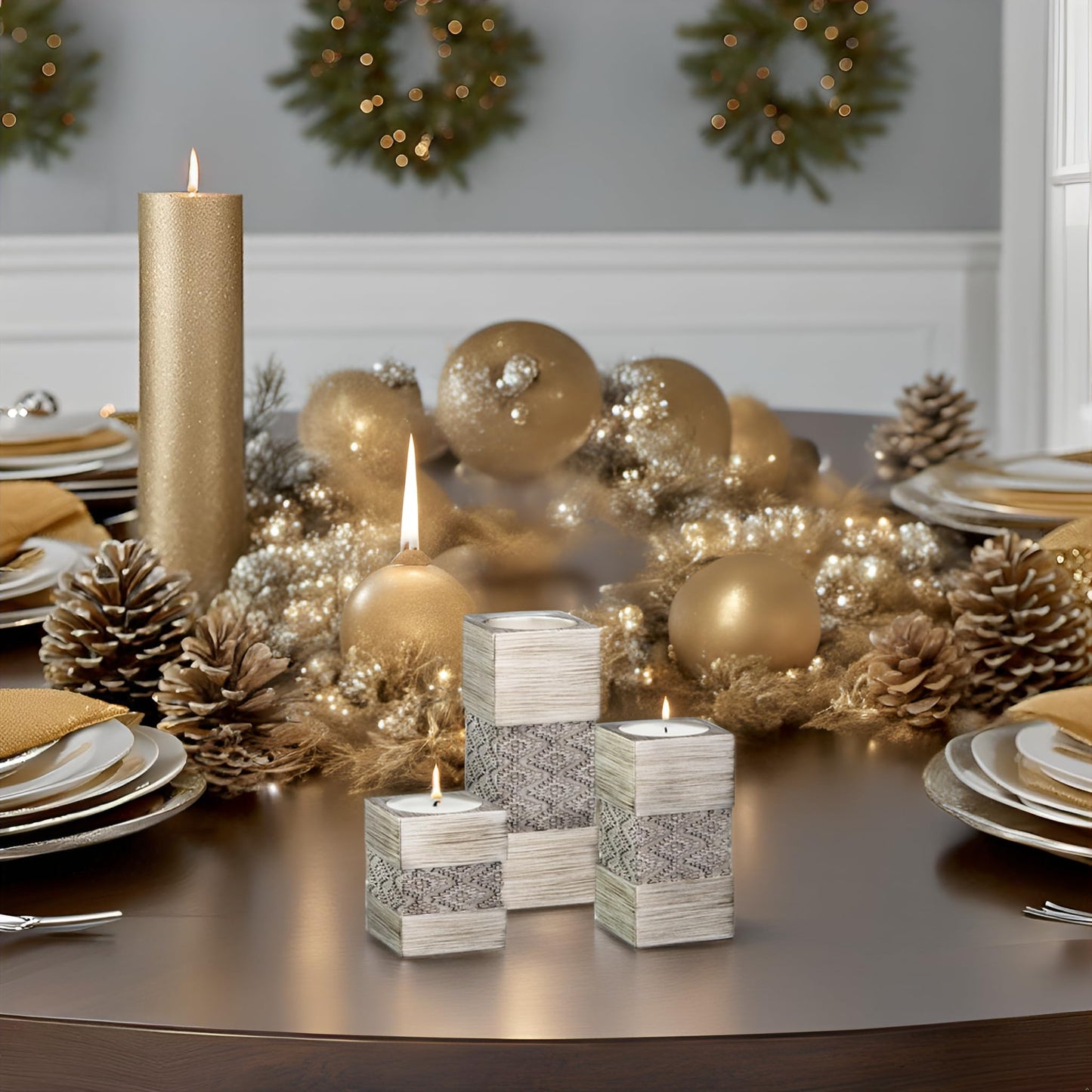 Creative Scents Dublin Silver Small Tealight Candle Holder Set of 3 - Centerpiece for Living Room and Dining Room Table Decor, Coffee Table Decor, Ideal for Fireplace, Entrance or Bathroom