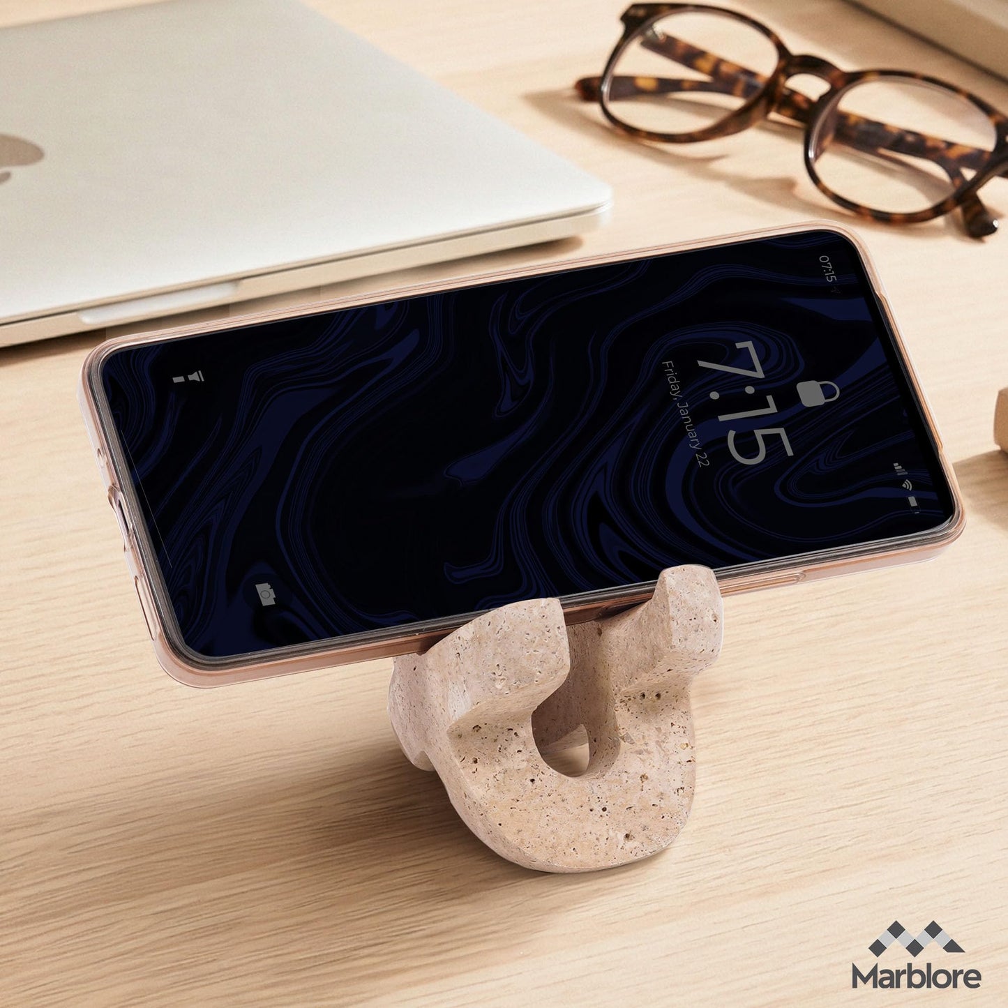 Marble Cell Phone Stand Holder in Travertine, 4'' Key & Sunglass Organizer, Pen & Pencil Stand for Office Stationery Home Office and Desk Stand Decor