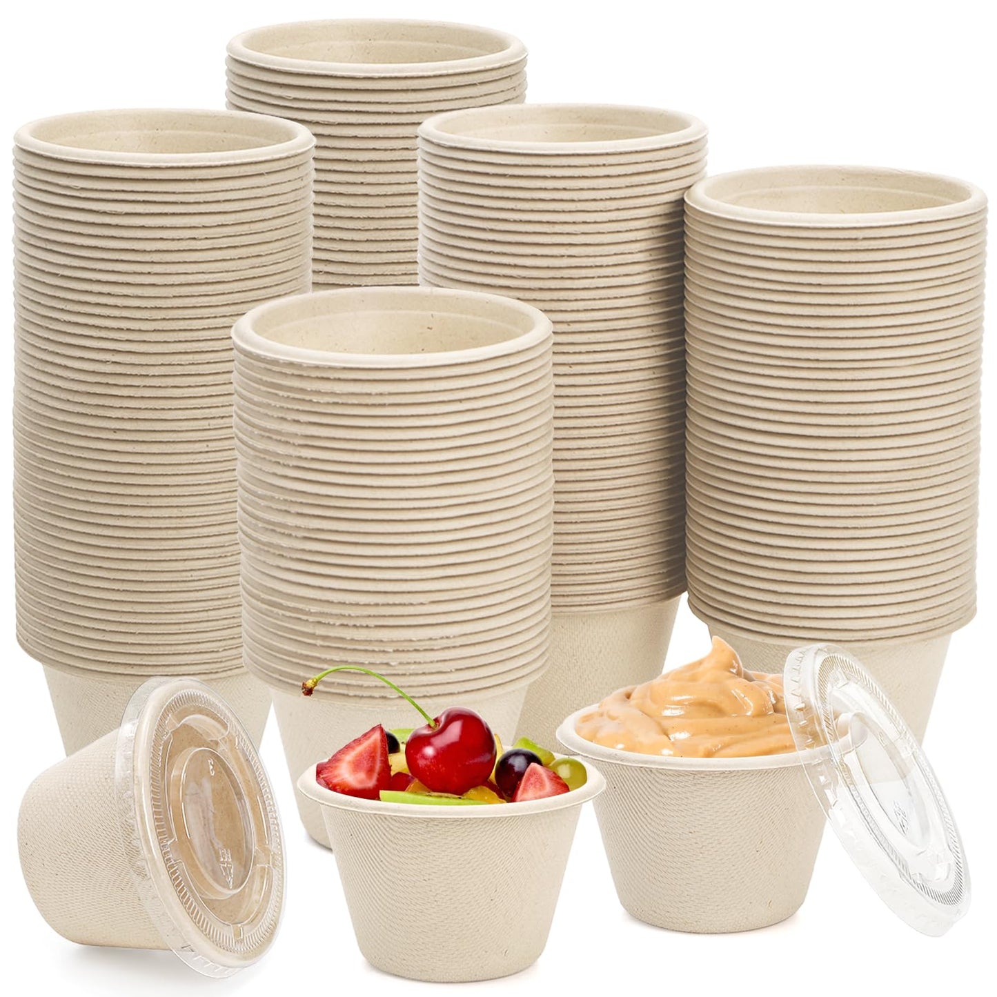 Tebery 200 Pack 4 Oz Disposable Condiment Portion Cups, Small Sauce Dipping Container with Clear Lid, Leak Proof Souffle Ramekin Bowl, Sample Serving Cup for Snack Tasting, Charcuterie, Natural Color
