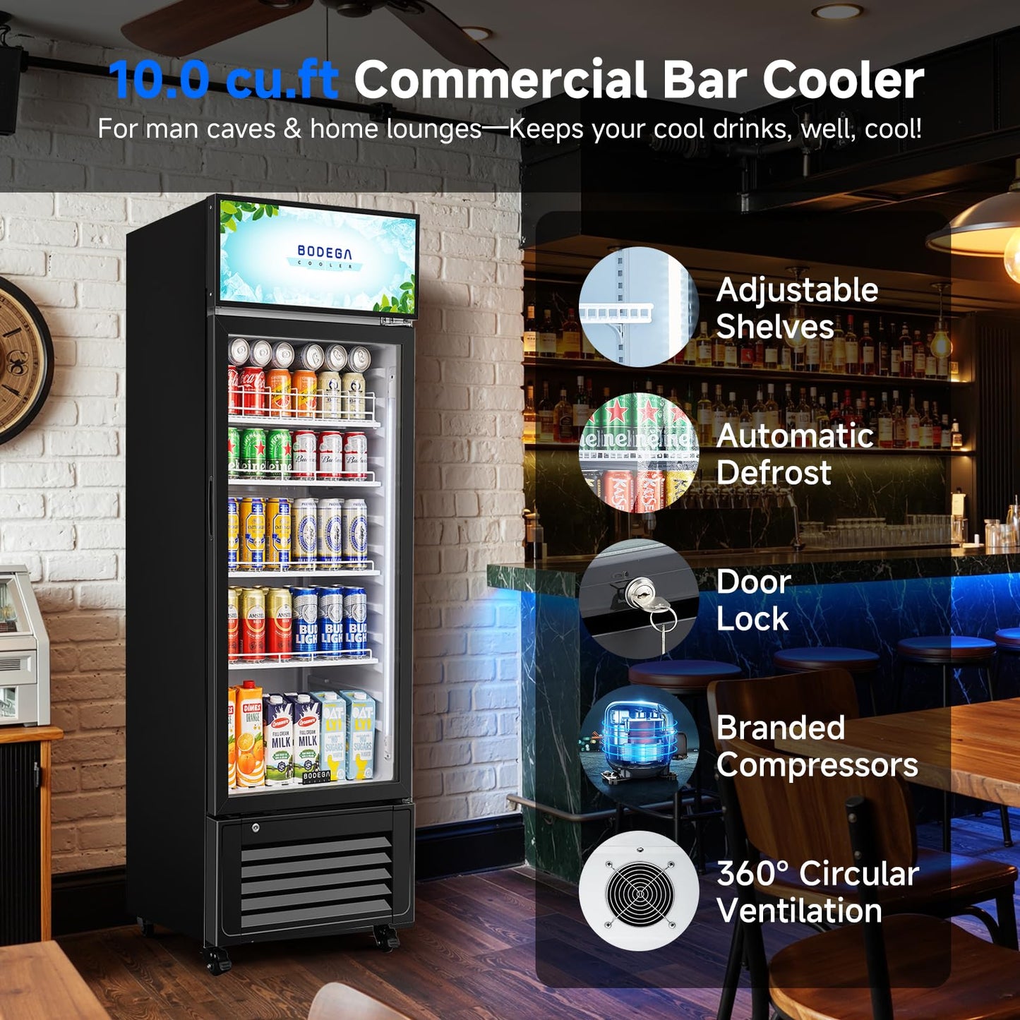 BODEGACOOLER Commercial Beverage Refrigerator and Cooler, 10.0 Cu.Ft Commercial Merchandiser Refrigerator with Soft LED Light, Commercial Fridge, Display Refrigerator with 240 cans & 120 bottles.