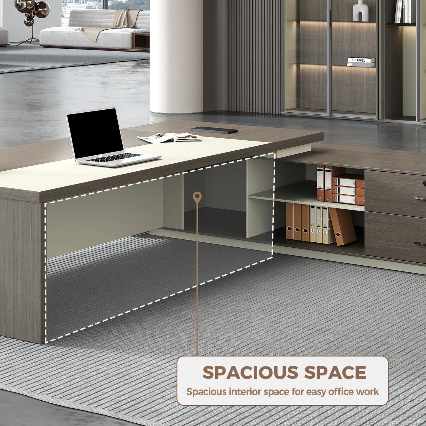 79-Inch L Shaped Executive Desk with Drawers, Large Modern Office Desk with Storage Shelves, LED Lighting, Built-in Power Outlet & USB Ports, Home Office Desk, Smoked Oak & Cream White, Right Return