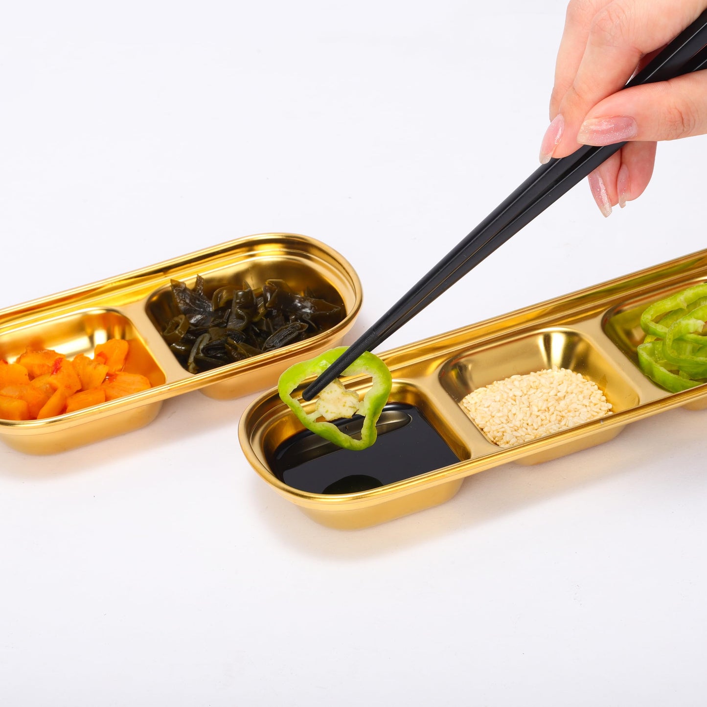 drizzle 3PCS Sauce Dish Stainless Steel Gold Soy Tomato Sauce Salt Vinegar Sugar Spices Flavor Condiment Dip Bowls Korean BBQ Home Kitchen Plates