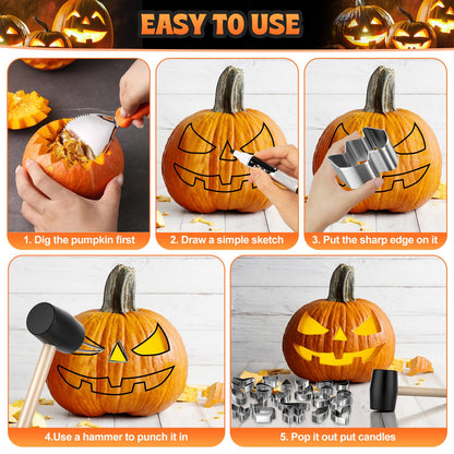 Pumpkin Carving Kit, 27PCS Stainless Steel Tools with 24 Halloween Shape Molds & 3 Carving Tools, Safe DIY Pumpkin Decor for Adults and Kids, Machine Washable