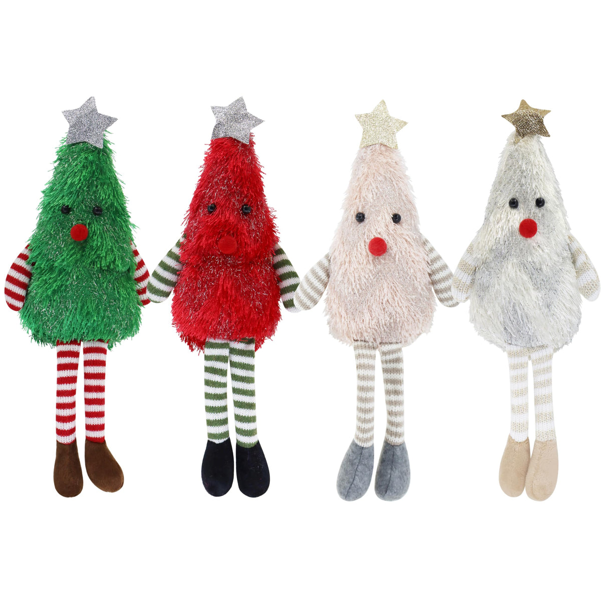 Beaver Rain Cat 4-Pack Christmas Tree Plush Dolls, Festive Stuffed Figurines with Striped Legs & Star Toppers for Holiday Decor