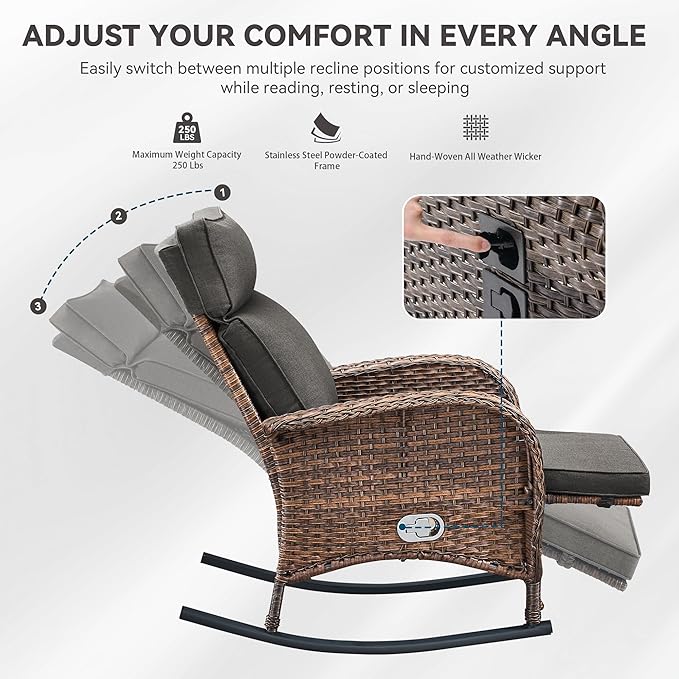 Zero Gravity Patio Rocking Wicker Recliner Chairs Set of 2- Wicker Outdoor Lounge Chair with Adjustable Backrest & Footrest, All Weather Reclining Rocker Chairs with Thick Cushion for Pool Deck Grey