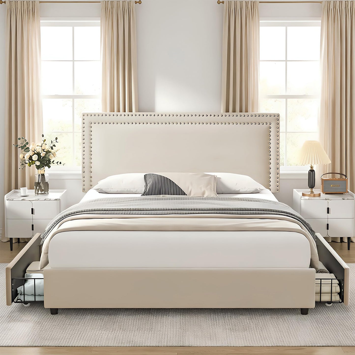 VECELO Queen Size Upholstered Bed Frame with 4 Storage Drawers, Adjustable Velvet Rivet Decor Headboard, Wooden Slats Platform Support, No Box Spring Needed, Easy Assembly,Beige