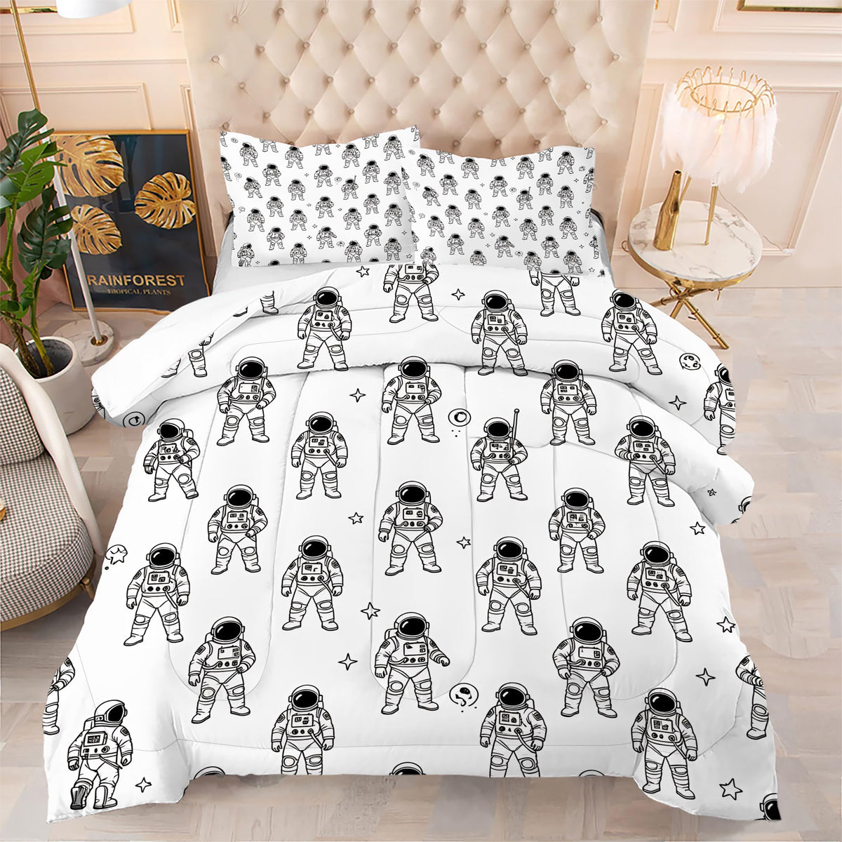 VTKON Black and White Astronaut 3Pcs Comforter Set for Boys, Queen Size Spaceman and Star Bedding Set, Line Print Galaxy Bed Sets for Kids Bedroom with 2 Pillowcases