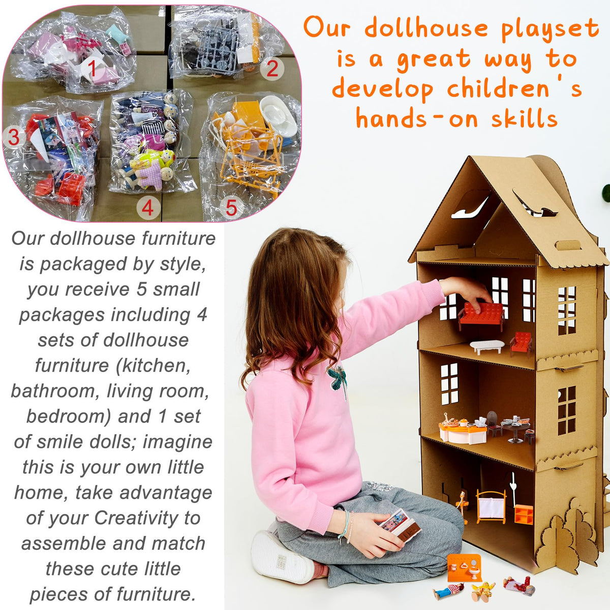 HyDren 83 Pcs Wooden Plastic Dollhouse Furniture Set with 8 Flexible Dolls for 5 Rooms Kits Kitchen Dining Living Room Bedroom Bathroom Modern Dollhouse Accessories and Furniture Toys for Girl Boy