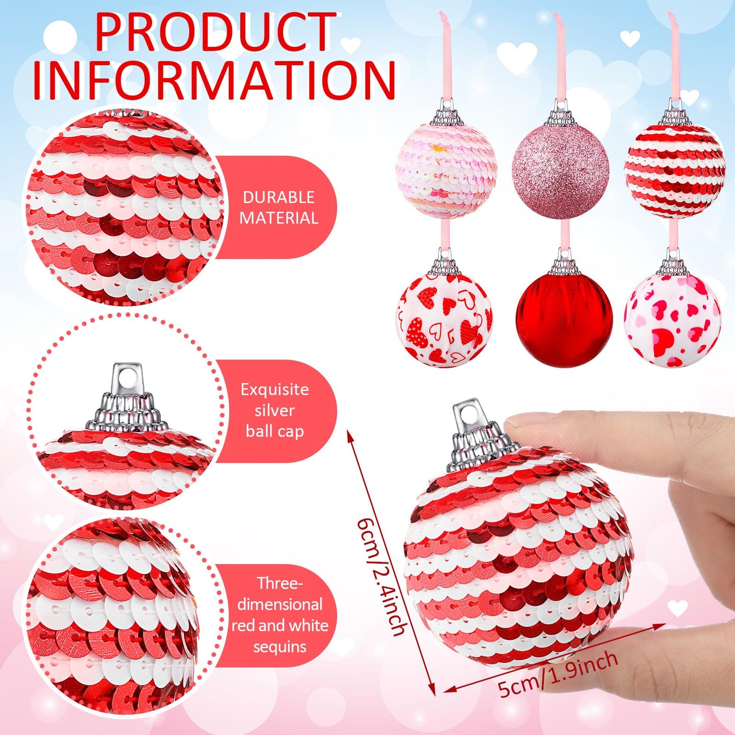 Riceshoot 12 Pcs Valentines Day Ball Ornaments 2.36 Inch Red Pink White Hanging Decor Heart Balls Ornaments for Tree Valentine's Day Party Supplies Decorations