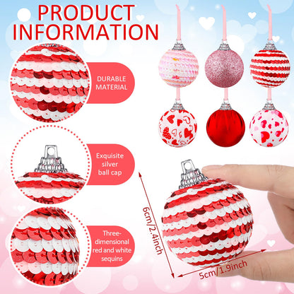 Riceshoot 12 Pcs Valentines Day Ball Ornaments 2.36 Inch Red Pink White Hanging Decor Heart Balls Ornaments for Tree Valentine's Day Party Supplies Decorations