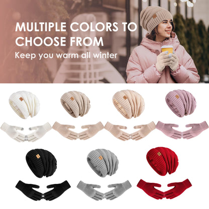 Women Beanie Hat Gloves Set Fleece Lined Winter Warm Hat Knit Touchscreen Gloves for Cold Weather