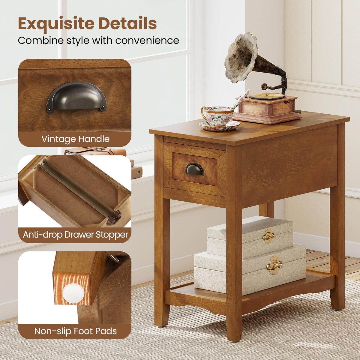 Giantex End Table with Drawer, Retro Narrow Side Table, Nightstand with Solid Wood & Storage Shelf, Bedside Table for Living Room Bedroom Small Space Home Office (1, Tawny)