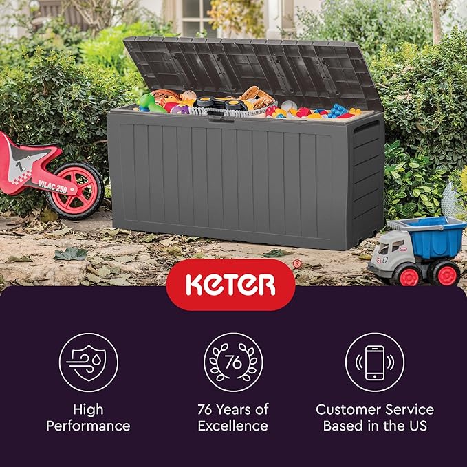 Keter Marvel Plus 71 Gallon Resin Outdoor Storage Box for Patio, Balcony & Garden – Weather‑Resistant Deck Box for Cushions, Pillows, Pool Floats & Tools, Light Grey