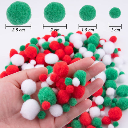 BQTQ 1200 Pieces Christmas Pom Pom Tinsel Balls Glitter Fluffy Pompoms for Craft Making and Party Decorations (4 Sizes, White, Green, Red)